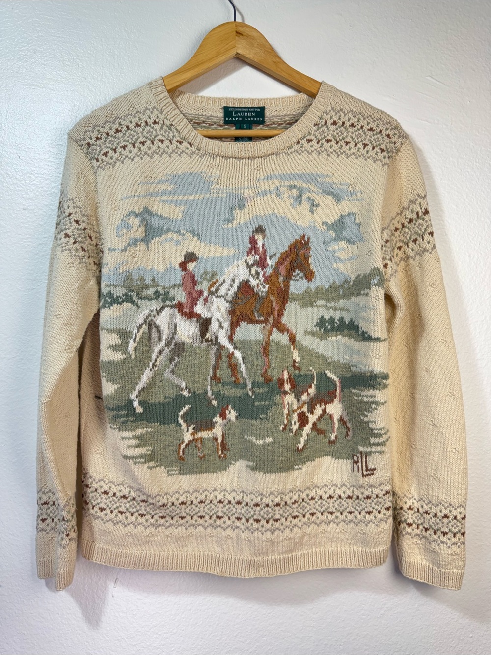 Vintage 90s Lauren Ralph Lauren Hand Knit Fox Hunt Equestrian Sweater S